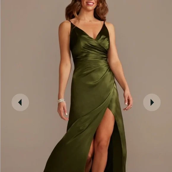 david's bridal martini olive bridesmaid dress David's Bridal Galina Signature Sculpted Off Shoulder Gown Martini Olive